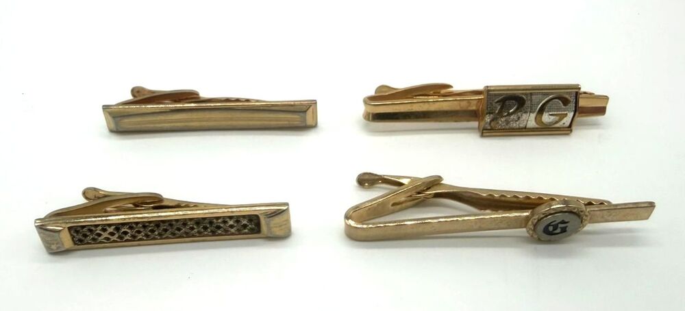 Lot of 4 Vintage Hickok USA Gold Tone Tie Bar Clips Monogram Initials MCM Retro